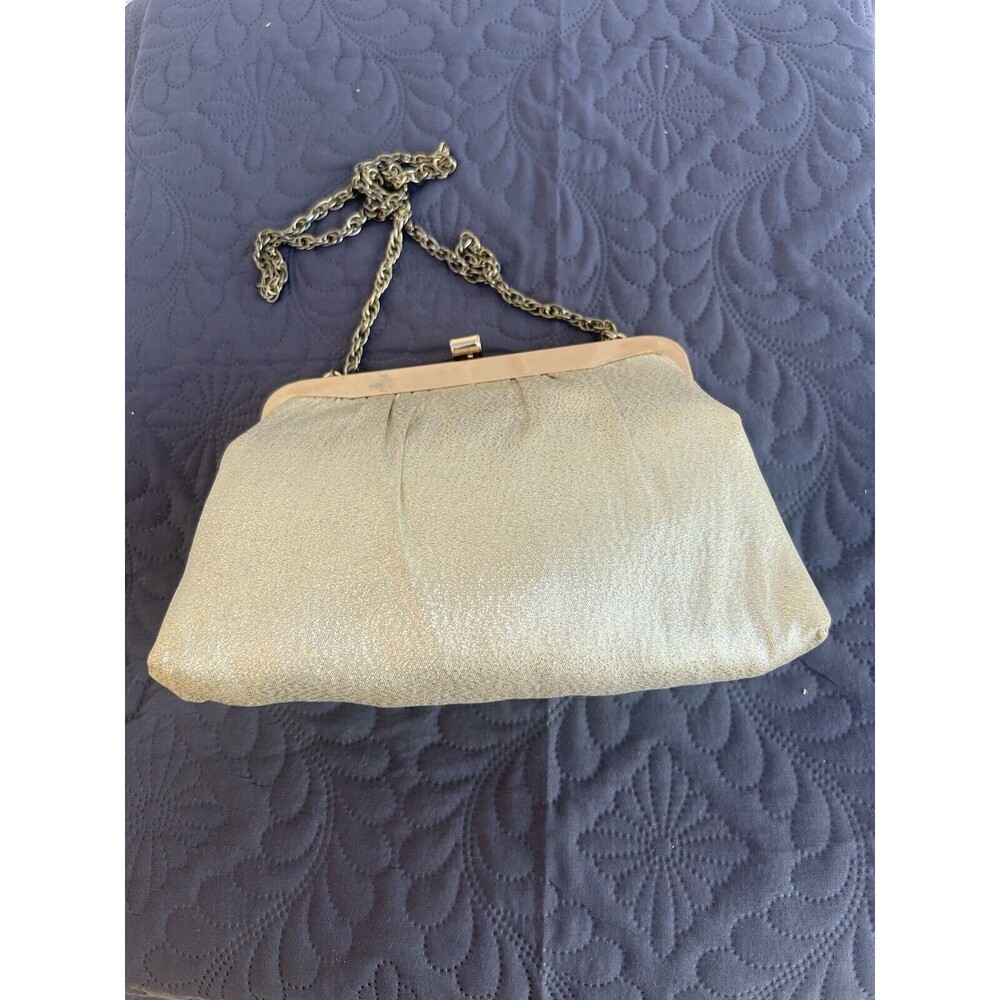Vintage Ande Shimmering Gold Tone Retro Clutch Purse W/Mirror & Chain Glam Chic